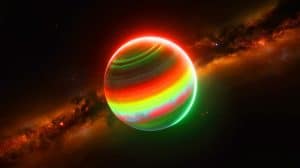 Illustration of the rogue planet SIMP-0136 with auroras and silicate cloud coverage.