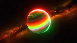 Illustration of the rogue planet SIMP-0136 with auroras and silicate cloud coverage.