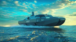Illustration of the AIRCAT Bengal MC, a 44-ton autonomous warship developed by the United States.