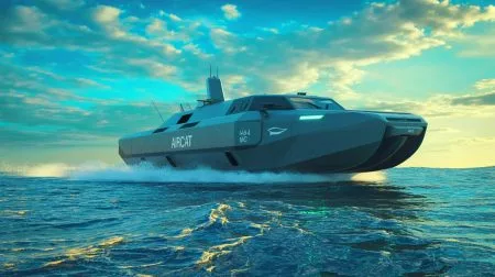 Illustration of the AIRCAT Bengal MC, a 44-ton autonomous warship developed by the United States.