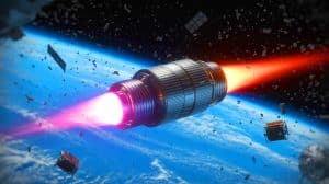 Illustration of a bidirectional plasma thruster designed to clear space debris from Earth's orbit.
