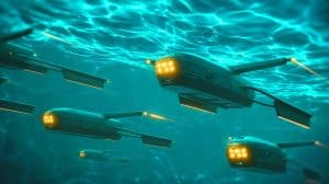 Illustration of the Royal Navy deploying AI-driven underwater drones for maritime security.
