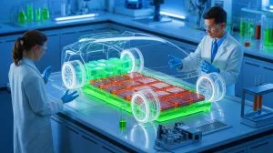 Illustration of an innovative self-assembling battery material designed for efficient recycling of electric vehicle batteries.