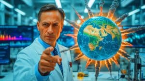 Illustration of an angry research scientist pointing his index finger at the viewer with a stern expression.
