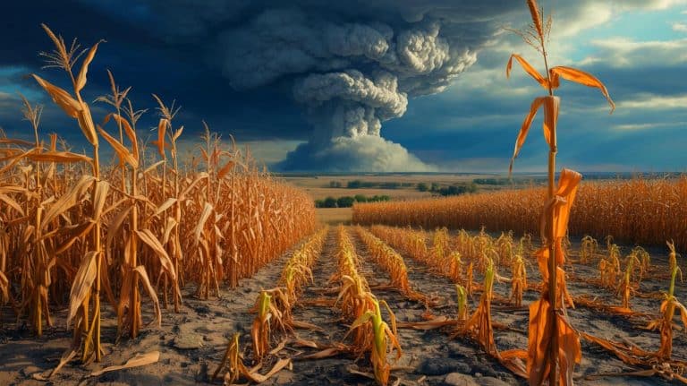 Illustration of the devastating impact of nuclear winter on global food production.