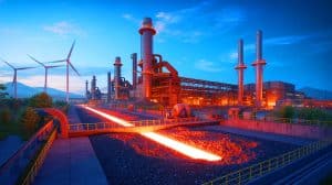 Illustration of the innovative process of producing near-zero carbon emission steel using hydrogen-reduced iron and renewable energy sources.