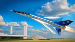 Illustration of GE Aerospace's supersonic ATLAS ramjet test flights at Kennedy Space Center.