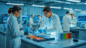 Illustration of researchers developing new methods to enhance battery performance and recycling processes.