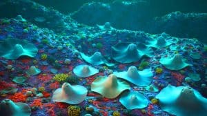 Illustration of a thriving marine ecosystem within a once-dormant underwater volcano.