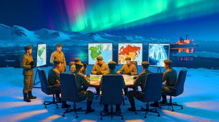 Illustration of strategic discussions on military presence and climate change impact in the Arctic region.