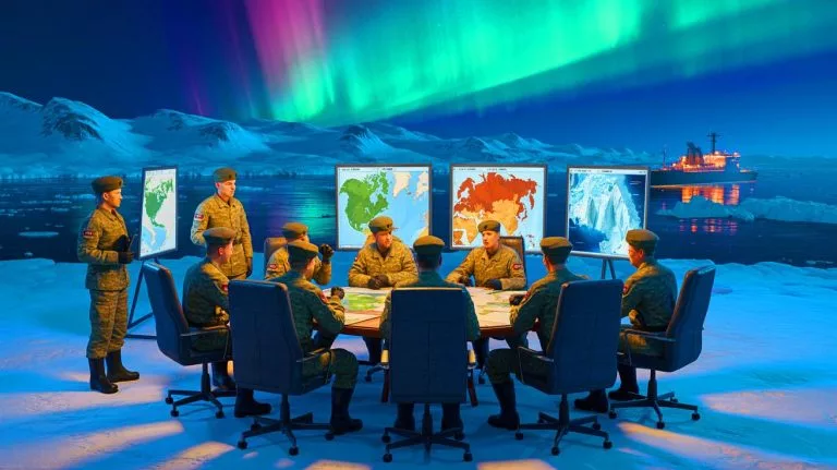 Illustration of strategic discussions on military presence and climate change impact in the Arctic region.