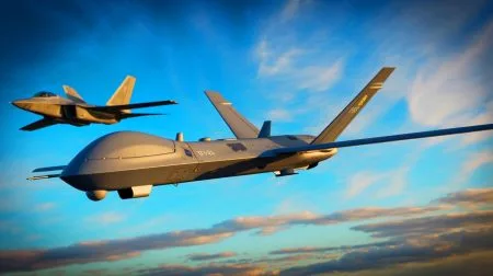 Illustration of the YFQ-42A, the U.S. Air Force's first official combat drone, during a flight test.