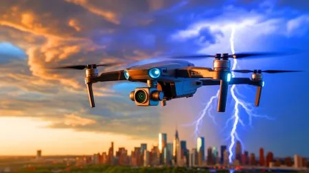 Illustration of a drone equipped with technology to redirect lightning away from urban areas.