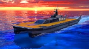 Illustration of the AIRCAT Bengal MC, an advanced autonomous naval vessel developed by Eureka Naval Craft and Greenroom Robotics.