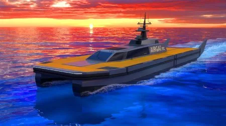 Illustration of the AIRCAT Bengal MC, an advanced autonomous naval vessel developed by Eureka Naval Craft and Greenroom Robotics.