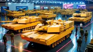 Illustration of Taiwan showcasing U.S.-made M1A2T Abrams tanks and HIMARS systems at a defense exhibition.