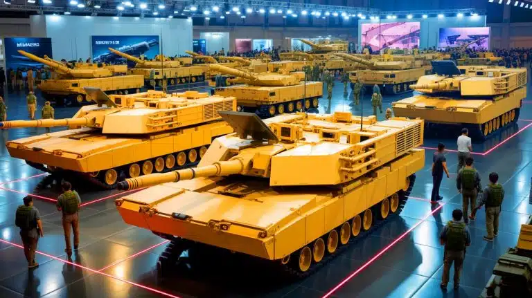 Illustration of Taiwan showcasing U.S.-made M1A2T Abrams tanks and HIMARS systems at a defense exhibition.