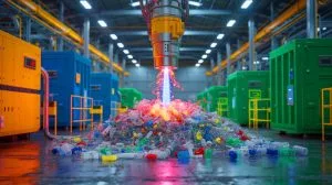 Illustration of the hydrogen-powered plasma torch technology breaking down unsorted plastic waste into valuable chemicals.