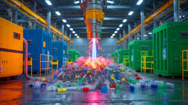 Illustration of the hydrogen-powered plasma torch technology breaking down unsorted plastic waste into valuable chemicals.