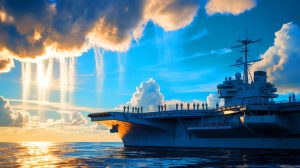 Illustration of scientists attempting a Marine Cloud Brightening experiment on the USS Hornet in California.