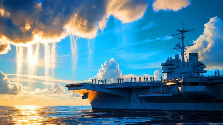 Illustration of scientists attempting a Marine Cloud Brightening experiment on the USS Hornet in California.