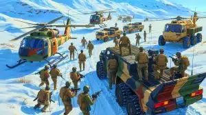 Illustration of soldiers conducting a large-scale military exercise in the Arctic with international collaboration.