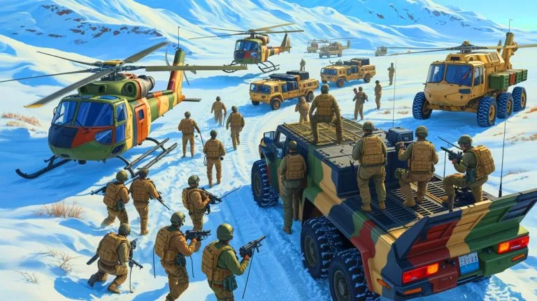Illustration of soldiers conducting a large-scale military exercise in the Arctic with international collaboration.
