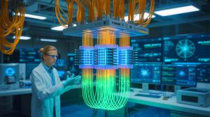 Illustration of engineers at the University of Pennsylvania demonstrating quantum data transmission over traditional fiber-optic cables.