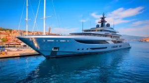 Illustration of the superyacht Eclipse docked in a Turkish port, highlighting its luxurious features and environmental impact.