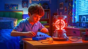 Illustration of a young scientist conducting a nuclear fusion experiment in his bedroom.