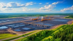 Illustration of Alberta's oil sands industry and its environmental and economic impacts.