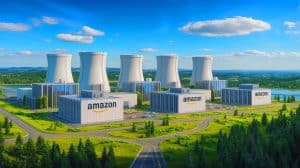 Illustration of Amazon's small modular nuclear reactors powering data centers in Washington State.