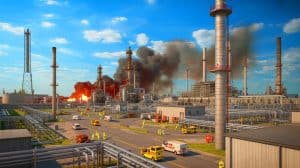 Illustration of BP's Whiting refinery in Indiana following a recent fire incident.