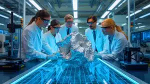 Illustration of researchers at MIT developing a new high-strength aluminum alloy using machine learning and 3D printing.