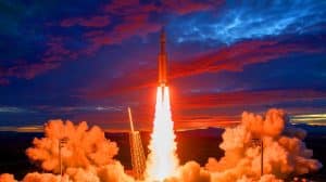 Illustration of China's recent twilight missile test showcasing a colorful plume visible across several provinces.