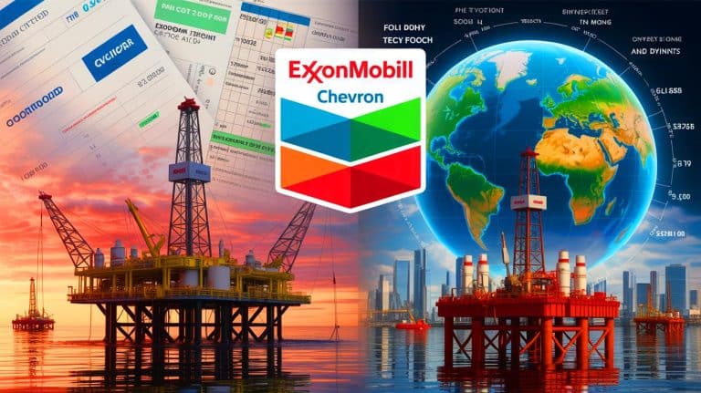 Illustration of ExxonMobil and Chevron's divergent strategies amid a looming global oil surplus.