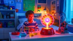 Illustration of a young scientist achieving nuclear fusion in a bedroom laboratory.