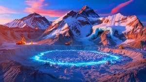 Illustration of the discovery of a vast lithium deposit near Mount Everest and its environmental implications.