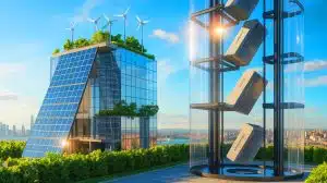 Illustration of a gravity-based energy storage system integrated into a skyscraper, utilizing renewable energy sources.