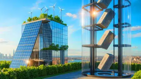 Illustration of a gravity-based energy storage system integrated into a skyscraper, utilizing renewable energy sources.