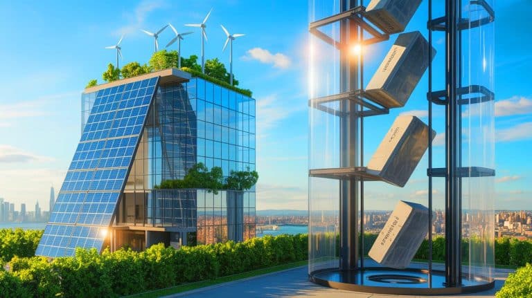 Gravity Battery Innovation Transforms Skyscrapers into Renewable Energy Storage, Revealing New Possibilities for Urban Sustainability Illustration of a gravity-based energy storage system integrated into a skyscraper, utilizing renewable energy sources.