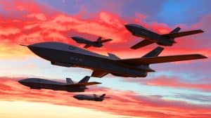 Illustration of US Air Force pilots training alongside AI-piloted XQ-58A Valkyrie drones.