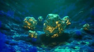 Illustration of Metallic Nodules Generating Dark Oxygen on the Ocean Floor.