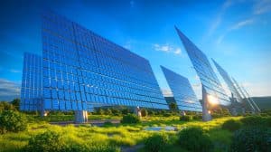 Illustration of Janta Power's innovative three-dimensional solar tower system in a renewable energy setting.