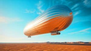 Illustration of the S1500 dirigible floating above the Xinjiang desert, harnessing high-altitude wind energy.
