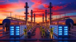Illustration of natural gas production and export operations driven by AI-focused data center demand.