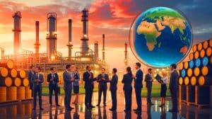 Illustration of oil prices declining amid geopolitical discussions and market fluctuations.