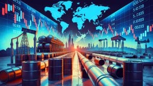 Illustration of fluctuating oil prices amid geopolitical tensions and economic uncertainty.