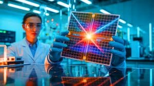 Illustration of a researcher holding a perovskite solar cell.
