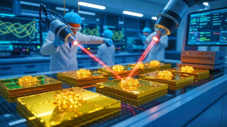 “They’re Drawing Crystals With Light”: Scientists Use Ultrafast Lasers to Create New Materials on Demand (And It Could Change Everything) Illustration of scientists using ultrafast lasers to draw crystals on gold nanoparticles.